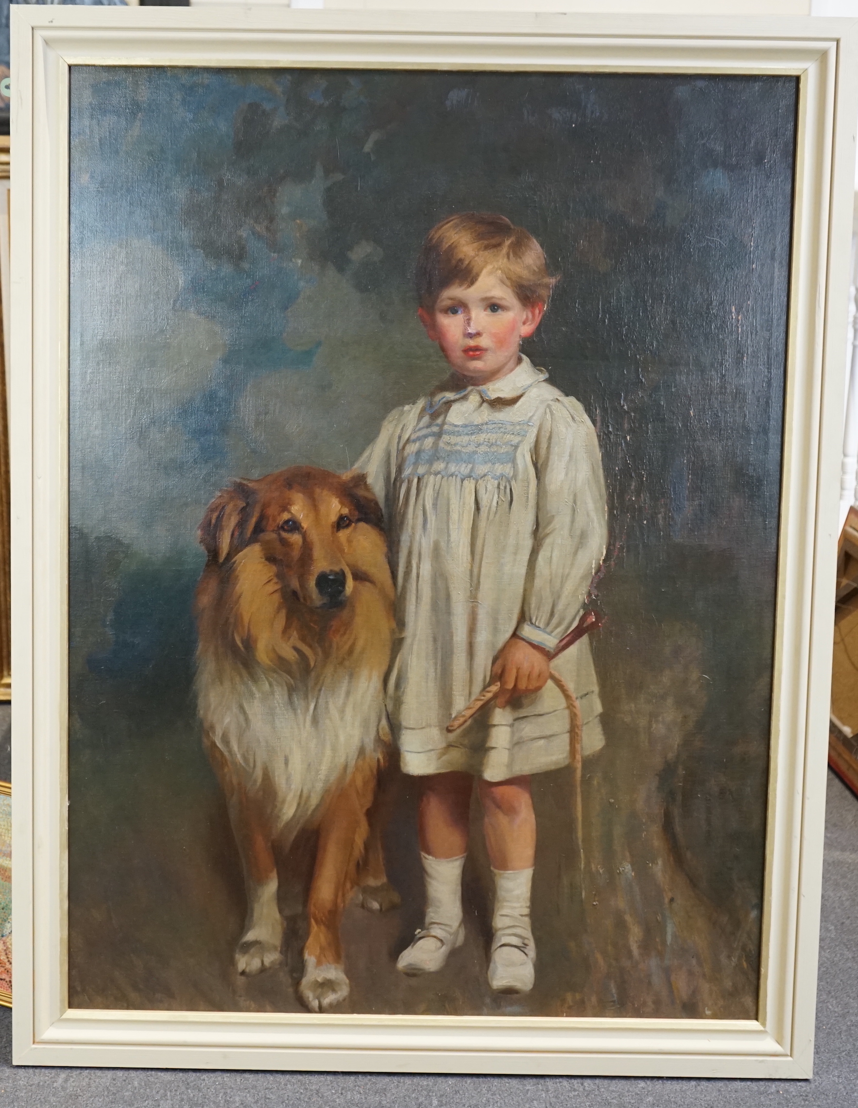 Attributed to J.W. Beaufort (fl. circa 1920-30), Full length portrait of a boy standing beside a collie, oil on canvas, 121 x 91cm